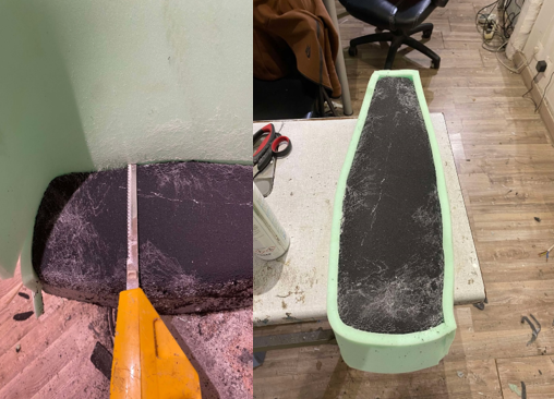 Découpe de la mousse verte au couteau électrique